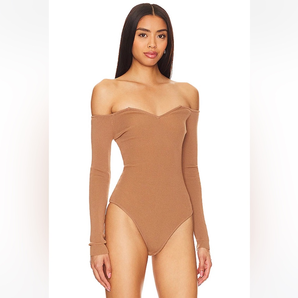Superdown Ashton V neck bodysuit off shoulder toasted almond structured revolve